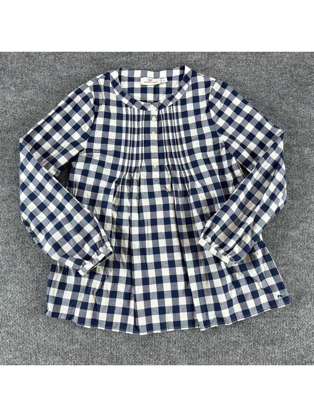 Vineyard Vines Navy White Gingham Long Sleeve Blouse Girls Large -‎ Coastal